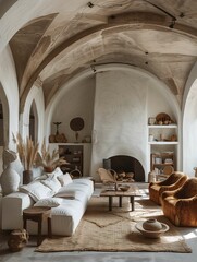 Elegant Bohemian Living Room with Vintage Arched Ceilings