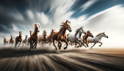 A group of horses running in a field - obrazy, fototapety, plakaty