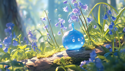A blue blob creature sits on a log in a field of blue flowers.