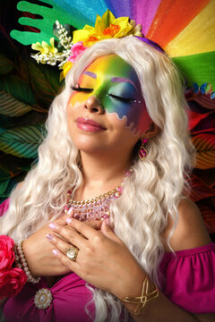 Woman with rainbow makeup. Fantasy make-up. Fine art beauty portrait.