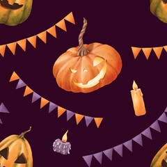 Seamless Halloween pattern. vibrant orange pumpkins with carved faces orange and purple candles festive flags garlands. Classic holiday elements in a watercolor illustration. Dark background