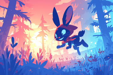 A cartoon rabbit wearing a red cape runs through a colorful forest at sunset. - obrazy, fototapety, plakaty