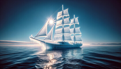 A large ship with ice on it is floating in the ocean. The sun is shining on the ship, creating a beautiful and serene scene