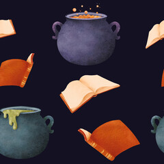 Seamless Halloween pattern. witch's set: cauldrons with potions, magical spell books. Dark background in a watercolor, for textiles, kitchen decor, stationery, covers, and wrapping paper