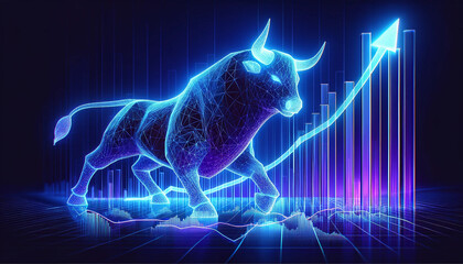 A bull with wireframe on a line going up and stock market background. Concepts of exchange and stock market with symbol of digital coin. - obrazy, fototapety, plakaty
