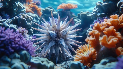 Naklejka na ściany i meble Beauty of a sea urchin with star shaped spines, nestled among mesmerizing coral formations under the sea. Generative AI.