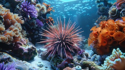 Beauty of a sea urchin with star shaped spines, nestled among mesmerizing coral formations under the sea. Generative AI.