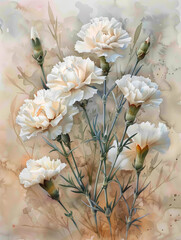 A watercolor painting of white Carnation flowers on rough paper, Generative AI