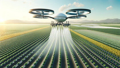 Drone is spraying a field of crops with water. The drone is flying low over the field, and the water is being sprayed evenly across the entire area. The scene is peaceful and serene - obrazy, fototapety, plakaty
