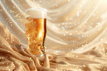 Glass of beer with splashes on golden satin background, closeup - obrazy, fototapety, plakaty