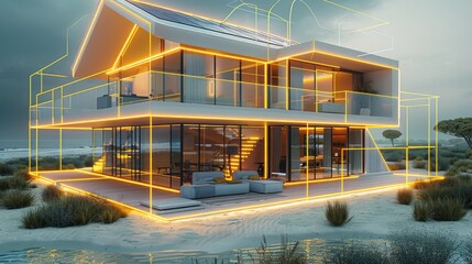 A smart modern house with yellow thin lines as if they were electrical connections inside the house. There should be solar panels on the roof of the house. Generative AI.