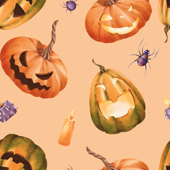 Seamless Halloween pattern. bright orange pumpkins with carved faces, with orange and purple candles and venomous spiders. Classic holiday elements. watercolor. packaging, textiles, Beige background