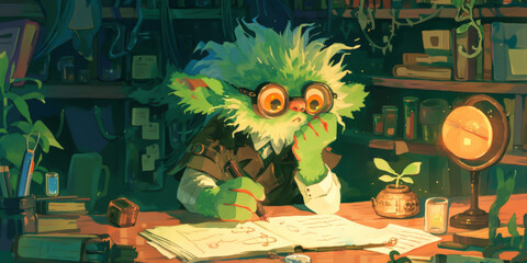 A mad scientist goblin is working on a potion in his laboratory.