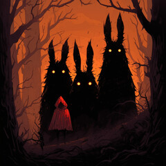 Little Red Riding Hood meets three terrifying monsters in the forest.