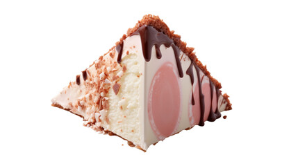 This triangle piece of cake with chocolate and pink cream is isolated on a white background