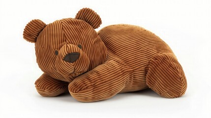  A close-up shot of a darling baby toy brown teddy bear made with plush material, set against a clean white background. 
