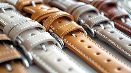 Leather watch strap pairs of different light colors like beige, white and tan by side. Generative...