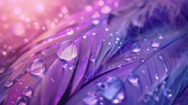  A mesmerizing image showcasing a close-up view of a vibrant purple bird feather adorned with delicate water droplets. 