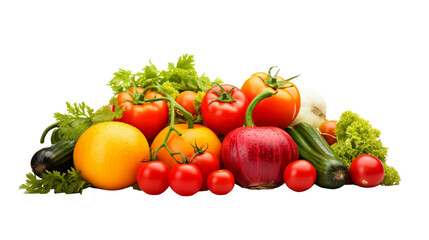 An image of fresh vegetables and fruits, with the main focus on tomatoes, green leaves, red onion, and yellow zucchini on a white background