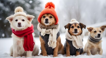 Animal winter concept: cute, happy dogs wearing hats, scarves, and woolen clothing during the colder months. a chilly day on a snowy, white day.