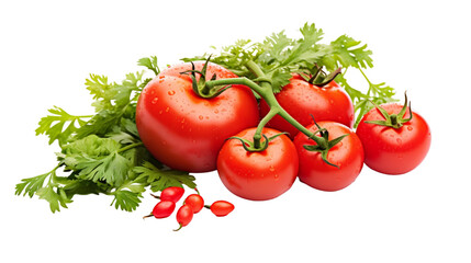 A bunch of tomatoes surrounded by coriander leaves and small red peppers on a white background