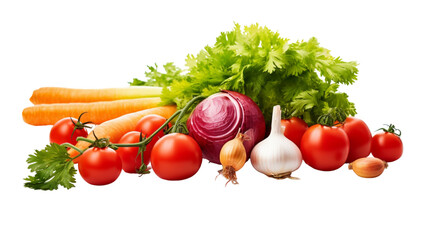  Advantages of fresh vegetables, including tomatoes and carrots, with onion on a white background