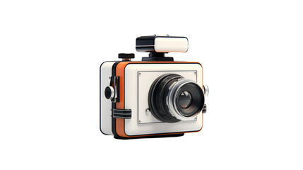A small square retro film camera with an orange and white body on a white background