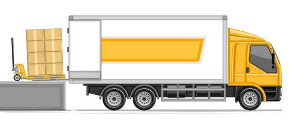 Vector illustration of Loading Truck, horizontal header with profile side view pallet jack load order with post parcels into delivery truck, commerce lorry truck with yellow cabin on white background