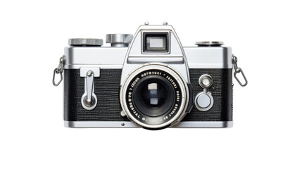 A classic film camera with a black and silver body, centered on an isolated white background