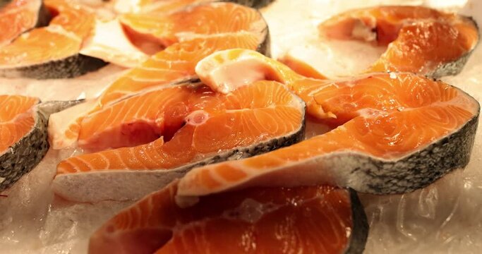 Closeup of fresh salmon fillet on ice
