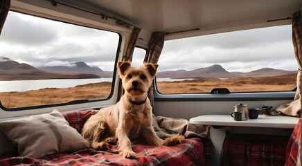 In Scotland's West Highlands, a dog relaxes in a comfortable campervan while enjoying stunning views of the Scottish Highlands and a loch. Terrier appears at ease.