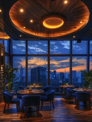 Upscale Restaurant Interior with City View at Twilight