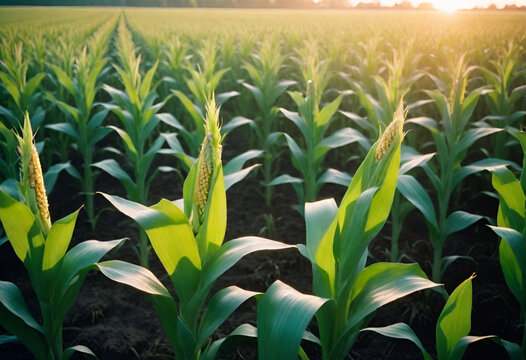 Landscape of green corn field in the morning.
