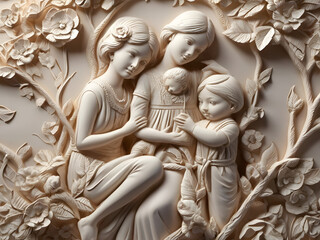 Amazing Illustration Art  white carved relief art sculpture with  cute kids mother with cat on branch and roses, ornate decorative wallpaper