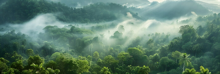 In the serene morning light, fog blankets the lush forest, creating a mystical atmosphere in the tranquil landscape. - obrazy, fototapety, plakaty