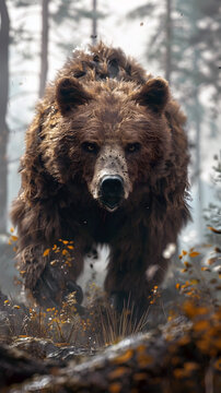 Brave Grizzly Bear Navigating Through Haunting Autumnal Forest