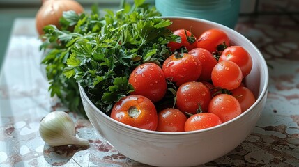 Bowl of fresh garden vegetables including tomatoes onions and parsley. top view. Generative AI.