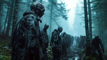 Cloaked Soldiers Navigating the Treacherous Forest Amidst Unseen Threats - obrazy, fototapety, plakaty