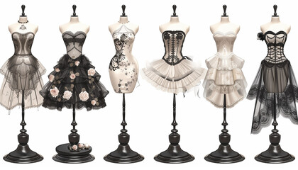 Vector illustration of beautiful retro clothing on mannequins.