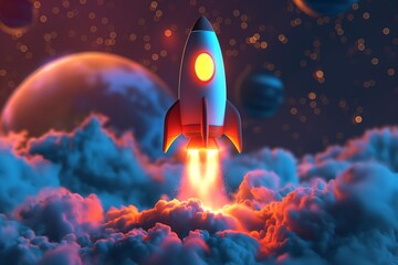 Fototapeta premium Colorful Cartoon Rocket Launching in a Fantasy World