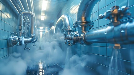 A plumber pipes at the bathroom, full of steam, hundreds of chrome pipes connections. Generative AI.