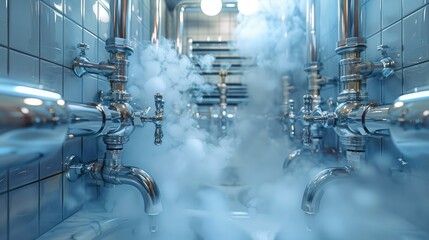 A plumber pipes at the bathroom, full of steam, hundreds of chrome pipes connections. Generative AI.