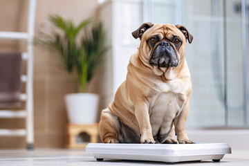 Obese pug dog sitting on bathroom scales