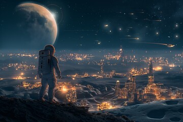 Astronauts Overlooking Futuristic City on Alien World - obrazy, fototapety, plakaty