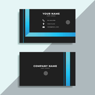 Double sided dynamic geometric lines business card template. Blue on black colors. Suitable for company or personal branding.