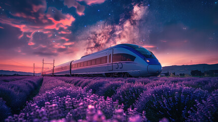 A train moving on the railway, a purple lavender flower sea in front of it, a starry sky...