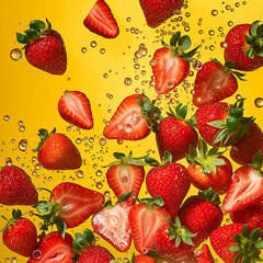 Fresh sliced strawberries on yellow background