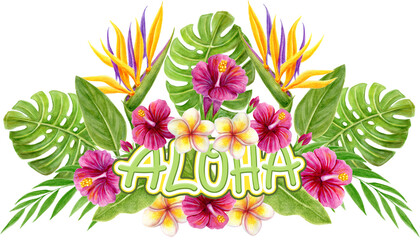 Aloha Hawaii greeting. Tropical greenery bouquet. Hand drawn watercolor painting with Hibiscus...