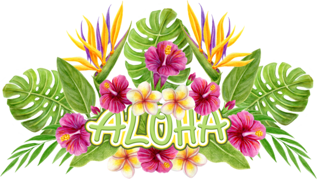 Aloha Hawaii greeting. Tropical greenery bouquet. Hand drawn watercolor painting with Hibiscus flowers and palm leaves isolated on white background. Design element. - Powered by Adobe