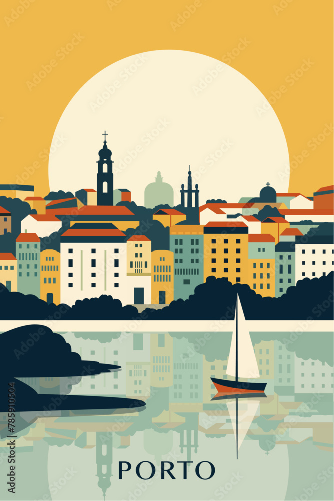 Poster porto retro city poster with abstract shapes of skyline, buildings. vintage portugal town travel vec